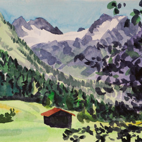 Christoph Leuthold Landschaft, Bilder, Gemälde, Malerei in Acryl und Aquarell: Prättigau Älpli, Silvrettagletscher, 2024
Aquarell auf Papier
48 x 36 cm