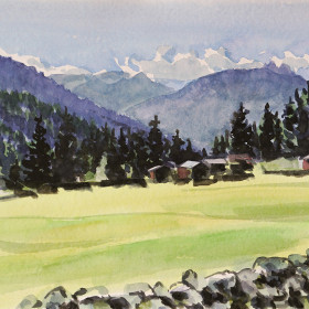 Christoph Leuthold Landschaft, Bilder, Gemälde, Malerei in Acryl und Aquarell: Prättigau Baretschrüti, 2024
Aquarell auf Papier
48 x 36 cm