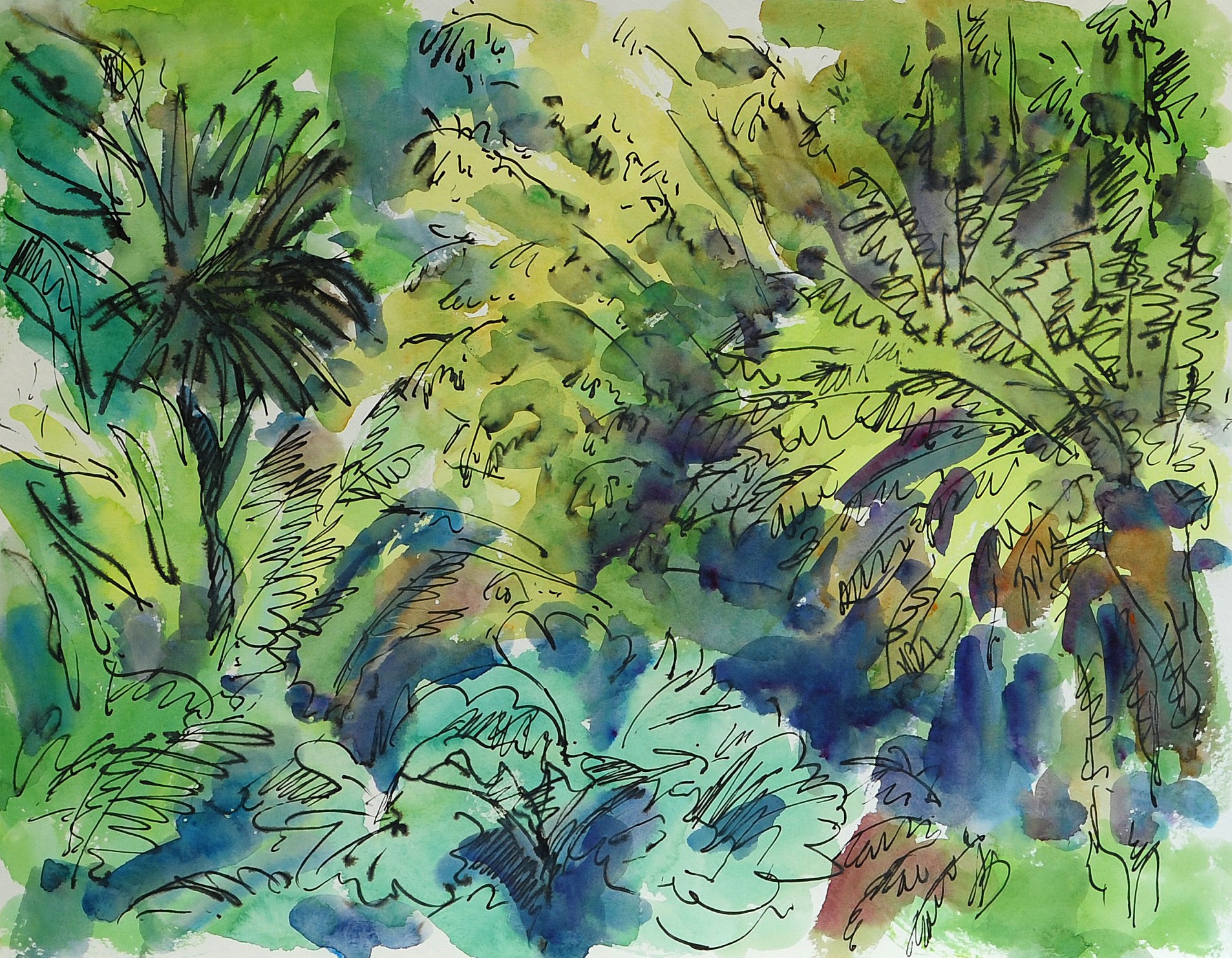 Christoph Leuthold Landschaft, Bilder, Gemälde, Malerei in Acryl und Aquarell: Cornwall, England Cornwall, The Lost Gardens of Heligan, 2015
Aquarell und Tinte auf Papier
64 x 50 cm