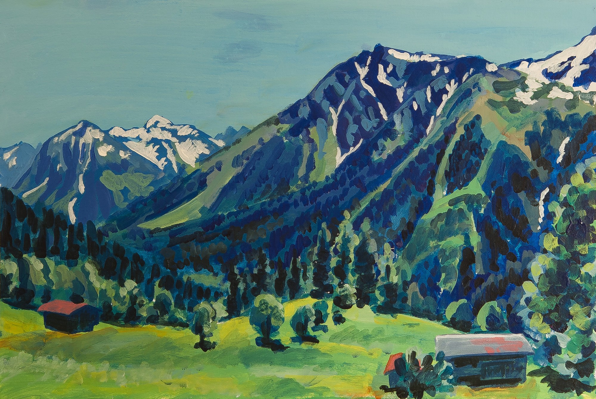 Christoph Leuthold Landschaft, Bilder, Gemälde, Malerei in Acryl und Aquarell: Prättigau Bergji mit Canard, Weisshorn und Lauizughorn, 2016
Acryl auf Leinwand auf Karton
60 x 40 cm