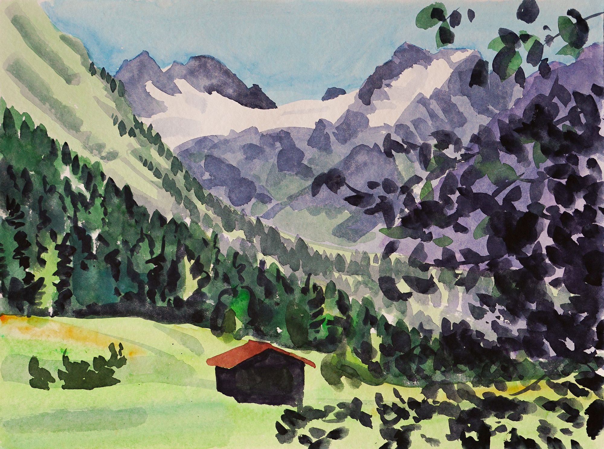 Christoph Leuthold Landschaft, Bilder, Gemälde, Malerei in Acryl und Aquarell: Prättigau Älpli, Silvrettagletscher, 2024
Aquarell auf Papier
48 x 36 cm