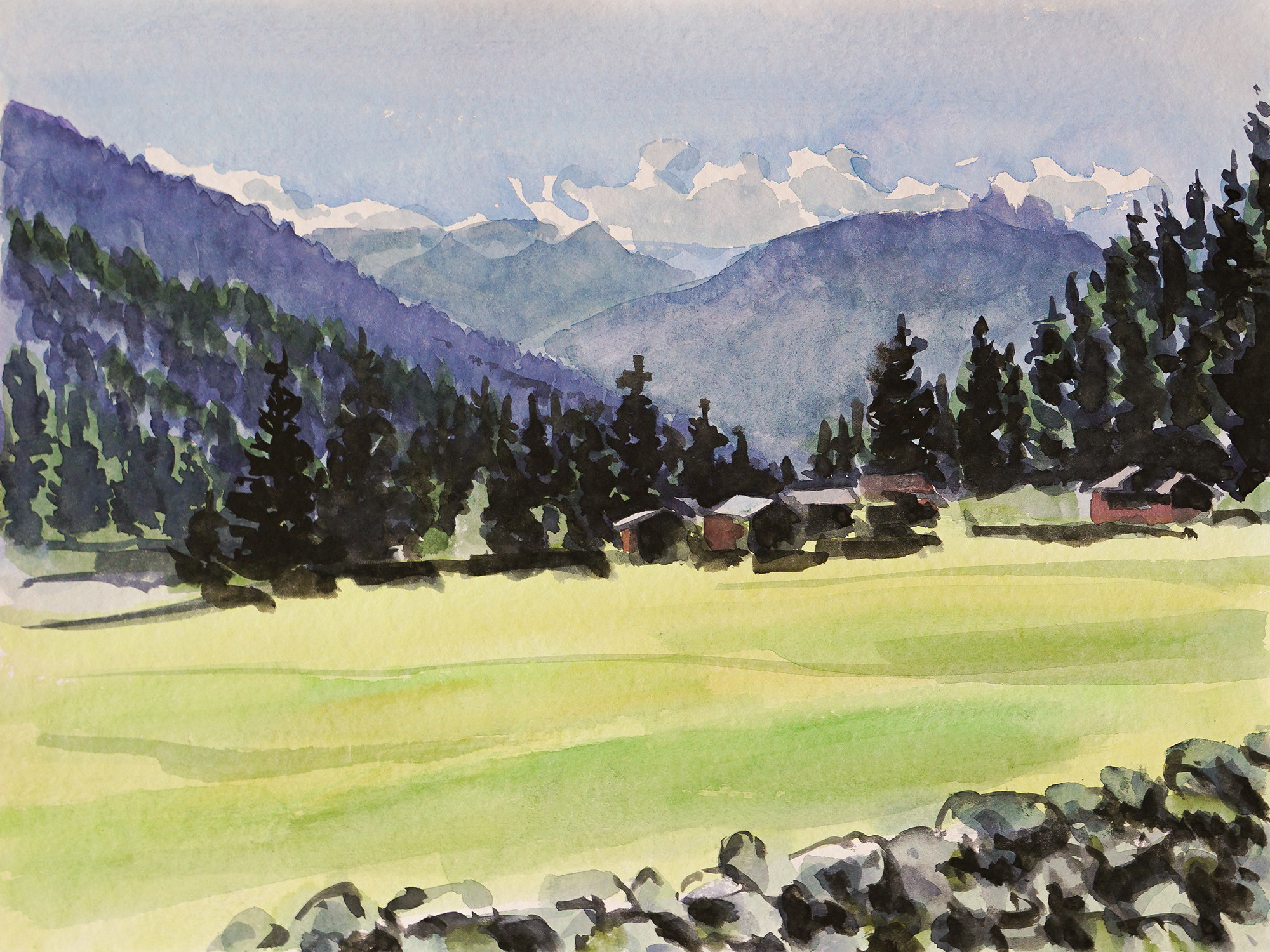 Christoph Leuthold Landschaft, Bilder, Gemälde, Malerei in Acryl und Aquarell: Prättigau Baretschrüti, 2024
Aquarell auf Papier
48 x 36 cm