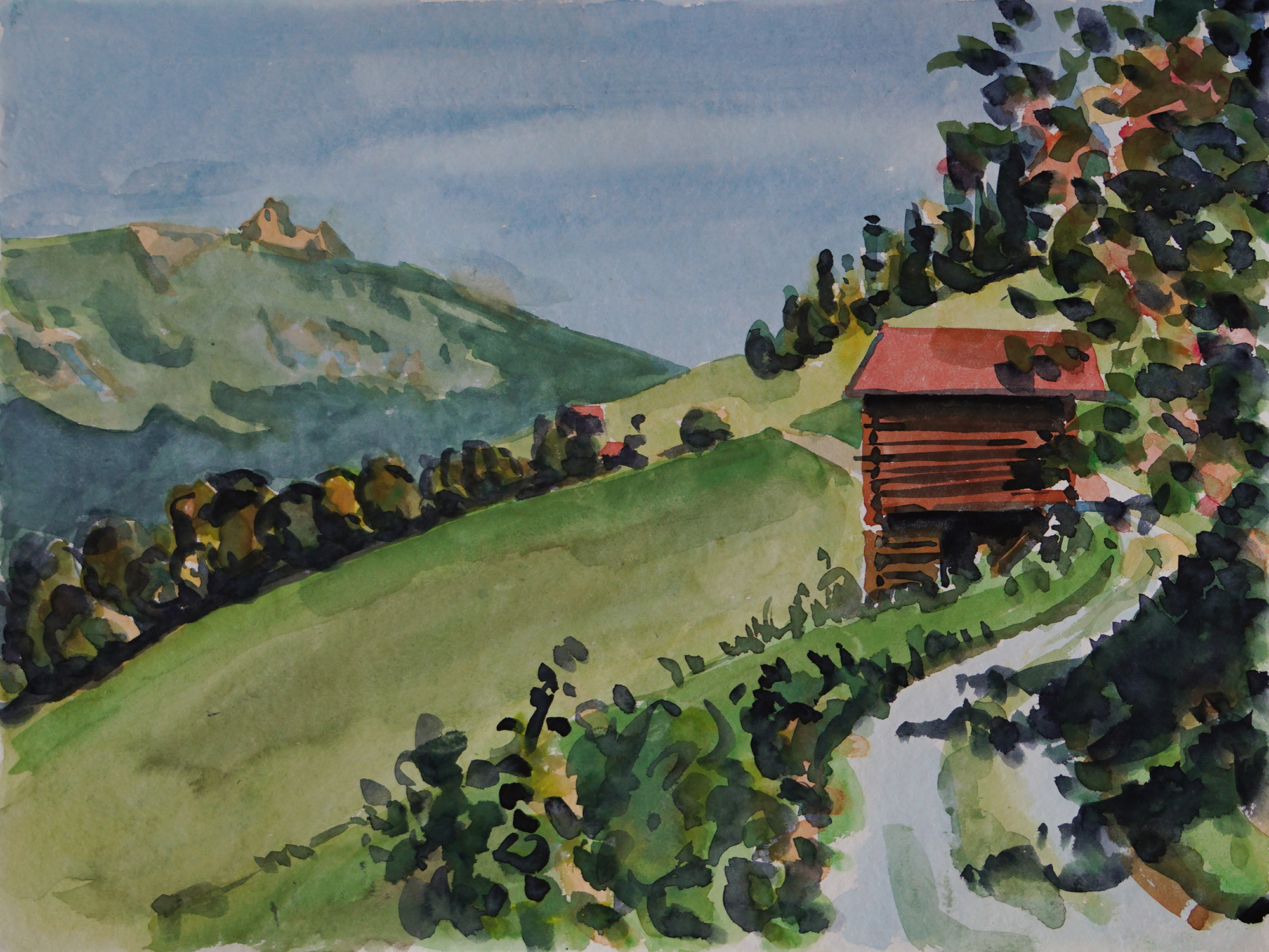 Christoph Leuthold Landschaft, Bilder, Gemälde, Malerei in Acryl und Aquarell: Prättigau Mutten 2024
Aquarell auf Papier
48 x 36 cm