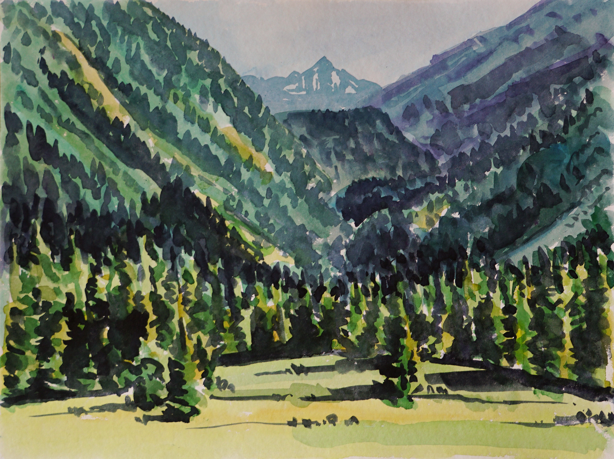 Christoph Leuthold Landschaft, Bilder, Gemälde, Malerei in Acryl und Aquarell: Prättigau Novai, Rosställispitz 2024
Aquarell auf Papier
48 x 36 cm